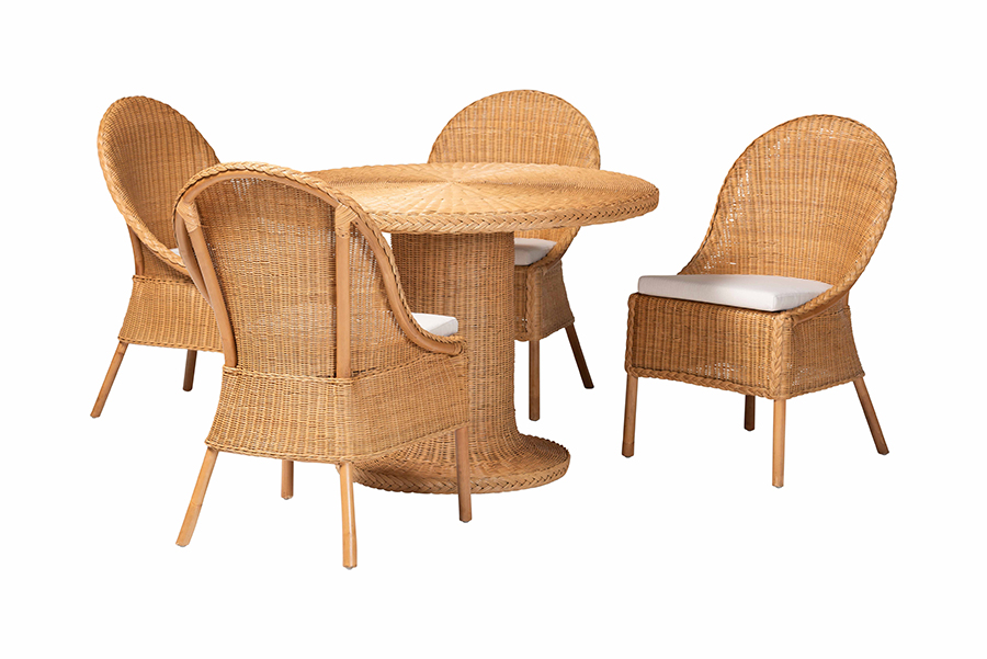 Picture of Bali & Pari 193271491421 29.50 x 42.10 x 42.10 in. Willy 5 Piece Round Wicker Table Rattan Dining Set with Pedestal Base & 4 Side Chair, Light Honey