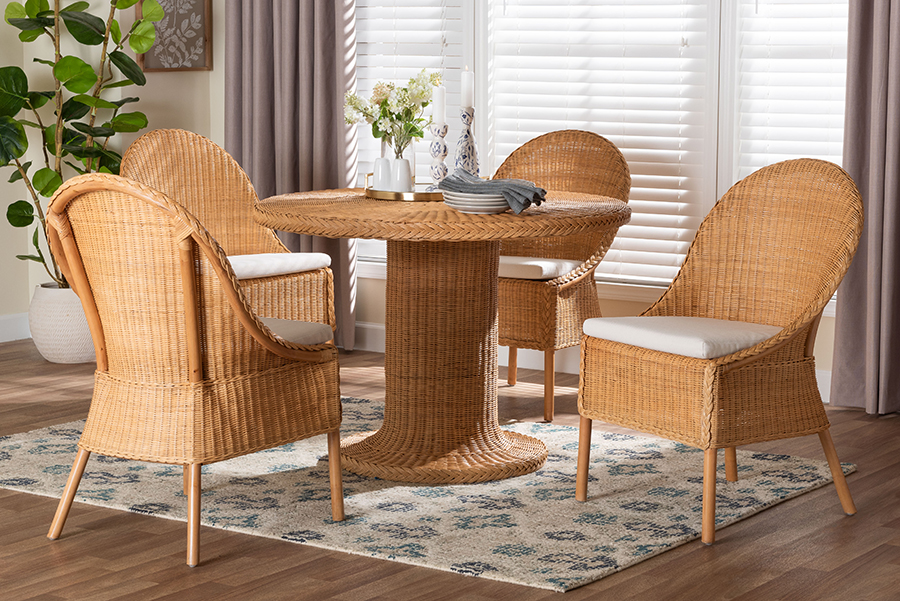 Picture of Bali & Pari 193271491421 29.50 x 42.10 x 42.10 in. Willy 5 Piece Round Wicker Table Rattan Dining Set with Pedestal Base & 4 Side Chair, Light Honey