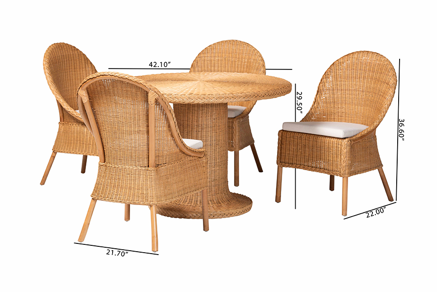 Picture of Bali & Pari 193271491421 29.50 x 42.10 x 42.10 in. Willy 5 Piece Round Wicker Table Rattan Dining Set with Pedestal Base & 4 Side Chair, Light Honey