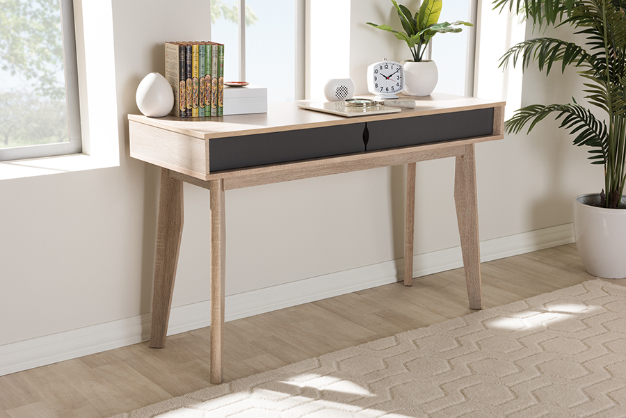 Sesd609-hana Oak&dark Grey-desk Fella Mid-century Modern 2-drawer Oak & Grey Wood Study Desk