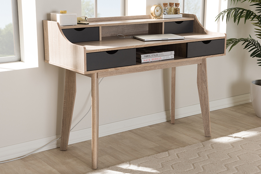 Sesd610-hana Oak&dark Grey-desk Fella Mid-century Modern 4-drawer Oak & Grey Wood Study Desk