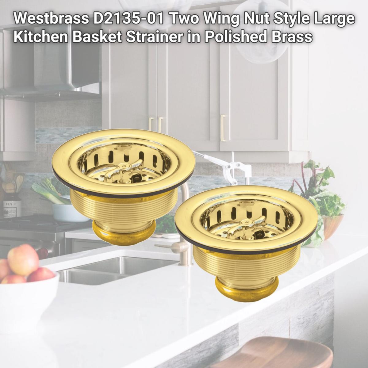 Picture of Westbrass D2135-01 Two Wing Nut Style Large Kitchen Basket Strainer in Polished Brass