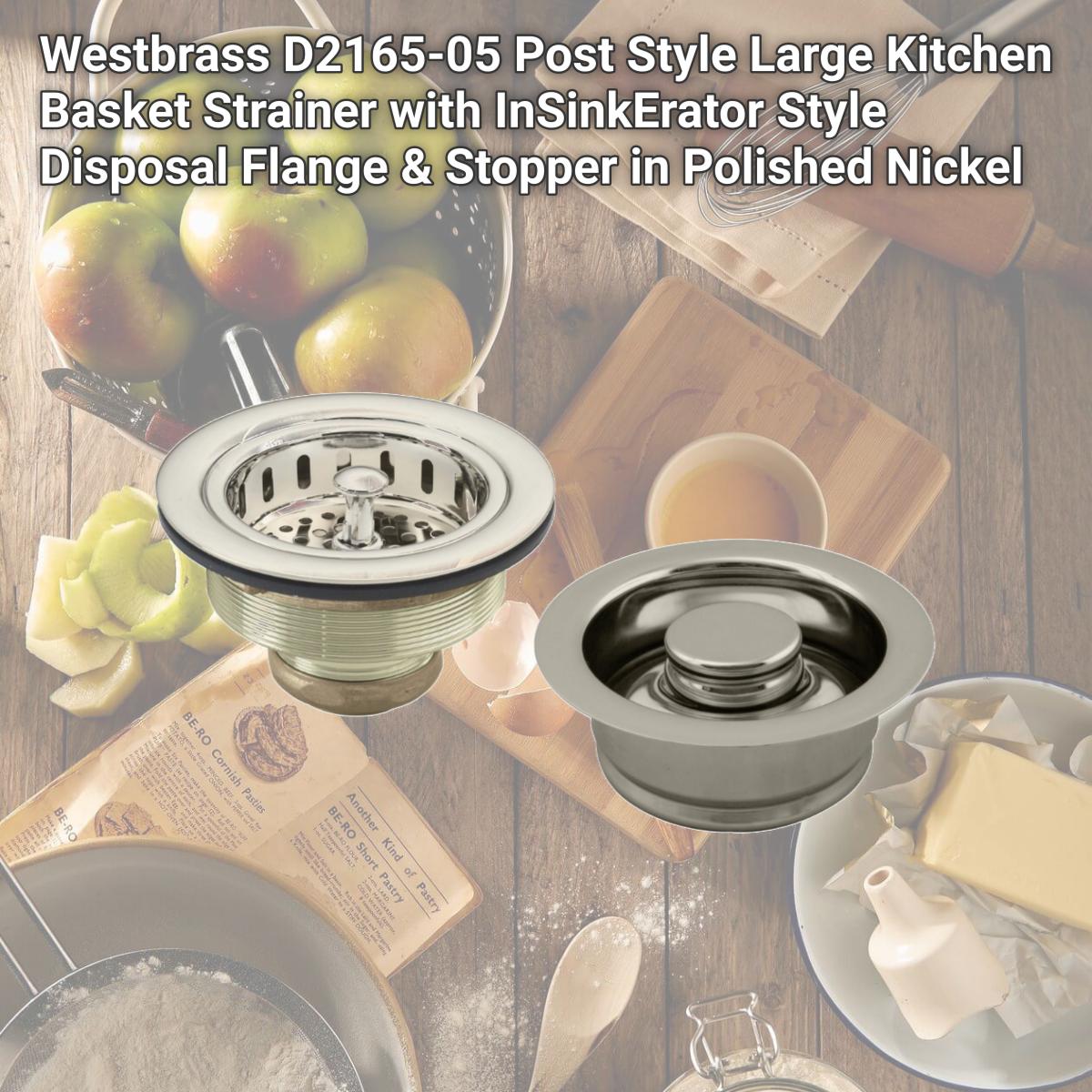 Picture of Westbrass D2165-05 Post Style Large Kitchen Basket Strainer with InSinkErator Style Disposal Flange & Stopper in Polished Nickel