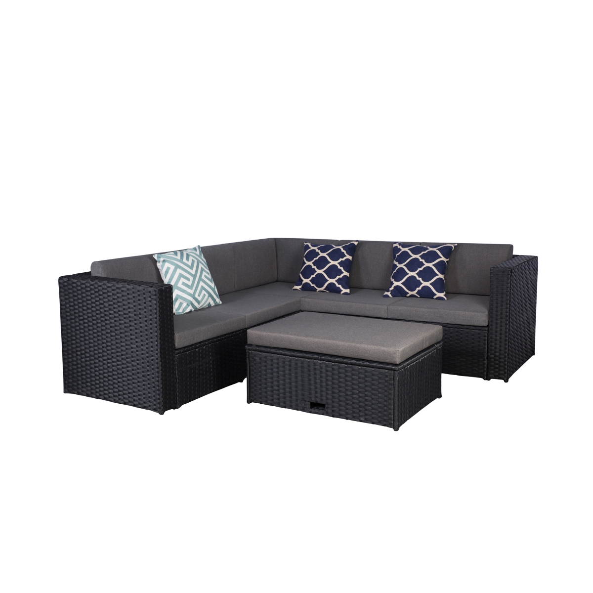 P152-01 6 Seating Modern Sectional Set With Storage Ottoman, Black & Gray - 4 Piece