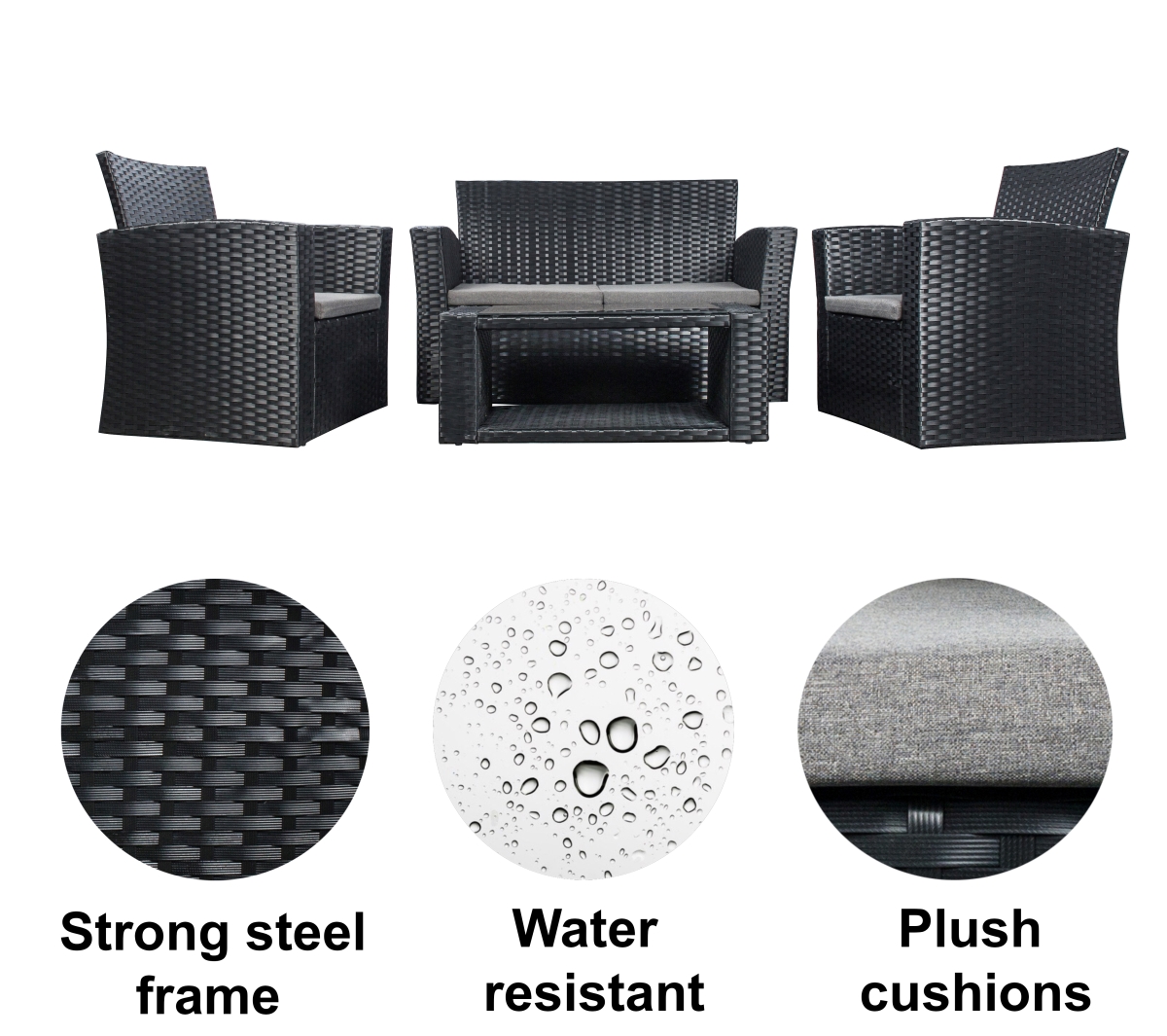 1101010 Conversation Outdoor Patio Sofa Set With Cushions, Black & Gray - 4 Piece