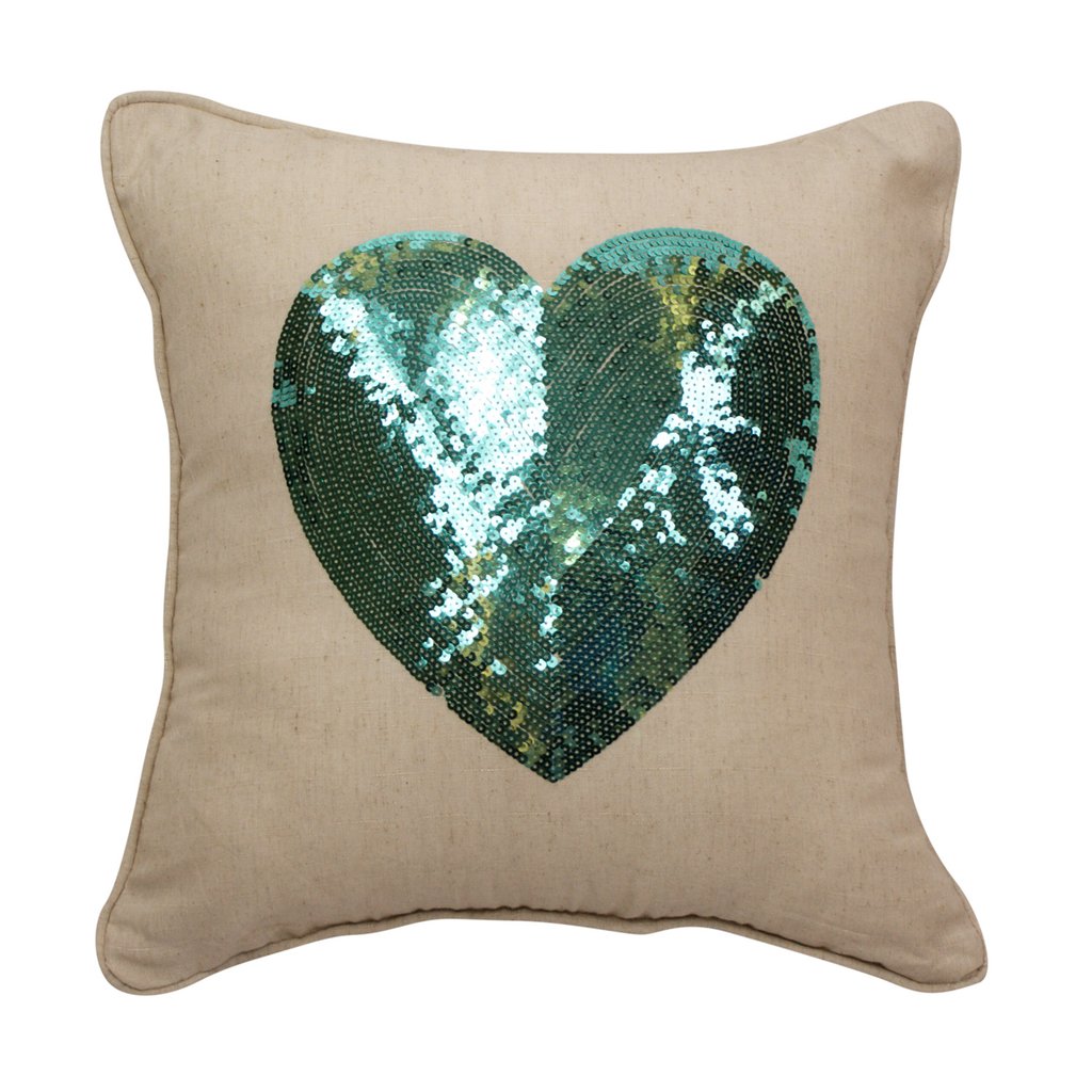 652129 18 X 18 In. Sequin Heart Teal Decorative Throw Pillow Cushion