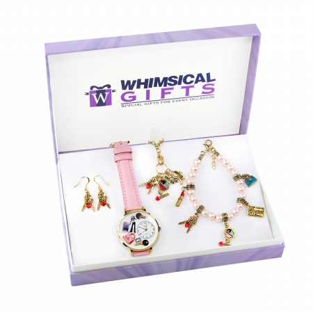 1100g-4wbneset Teen Girl Gold 4 Piece Watch-bracelet-necklace-earrings Jewelry Set