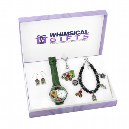 1200s-4wbneset Casino Silver 4 Piece Watch-bracelet-necklace-earrings Jewelry Set