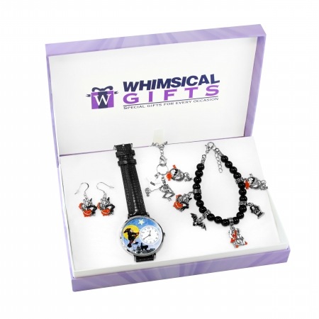 1300s-4wbneset Halloween Silver 4 Piece Watch-bracelet-necklace-earrings Jewelry Set