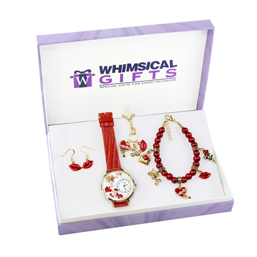 1302g-4wbneset Valentines Day Gold 4 Piece Watch-bracelet-necklace-earrings Jewelry Set