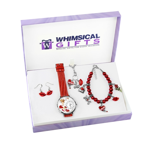 1302s-4wbneset Valentines Day Silver 4 Piece Watch-bracelet-necklace-earrings Jewelry Set