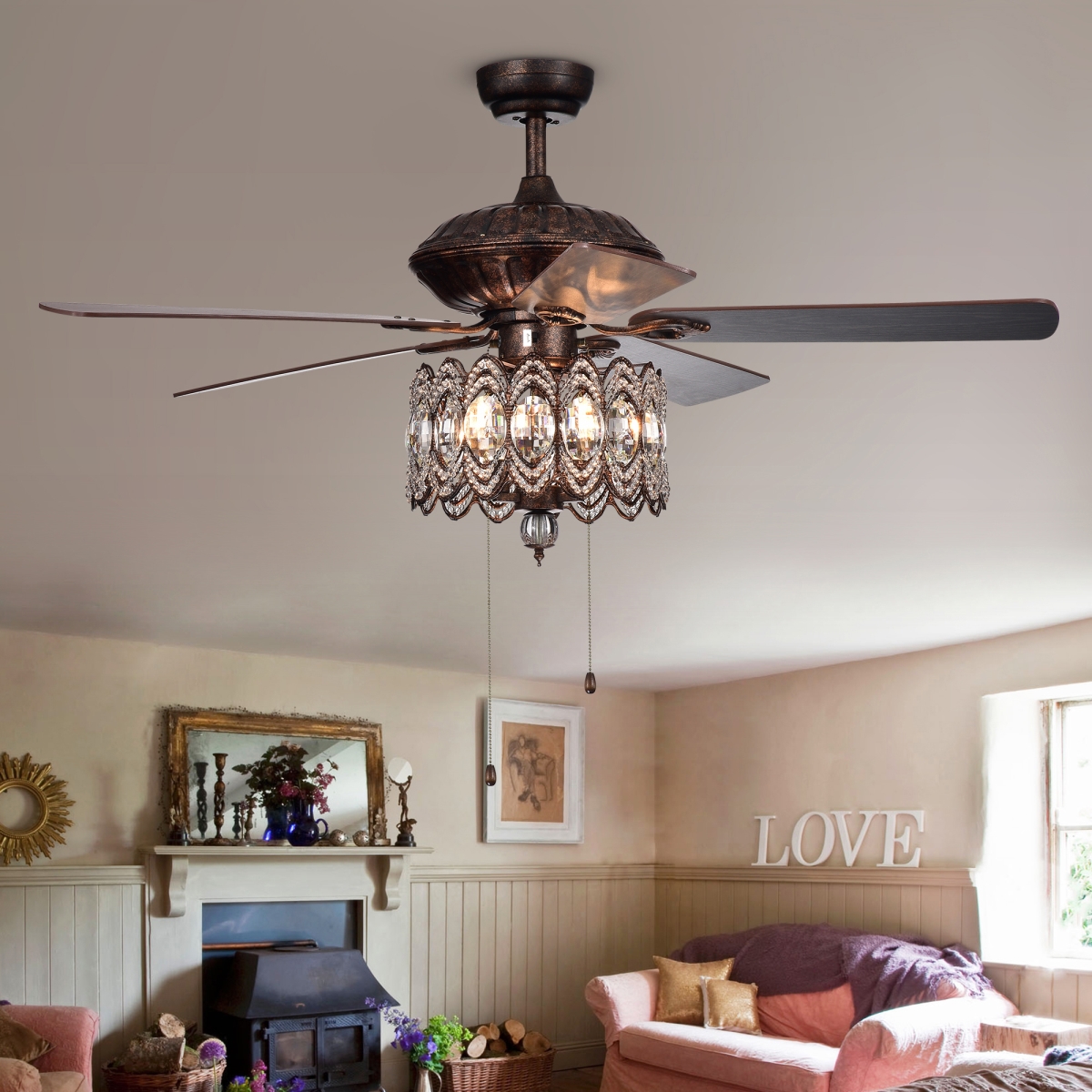 Cfl-8324rb 52 In. Mariposa Chandelier Ceiling Fan With Crystal Shade, Rustic Bronze