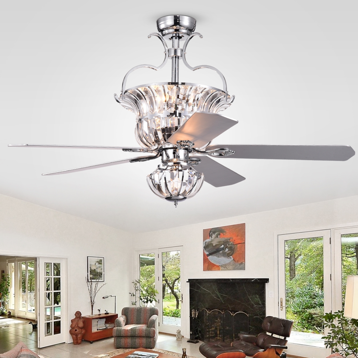 Cfl-8154remo-cch 52 In. Charla Silver 4-light Crystal 5-blade Chandelier Ceiling Fan