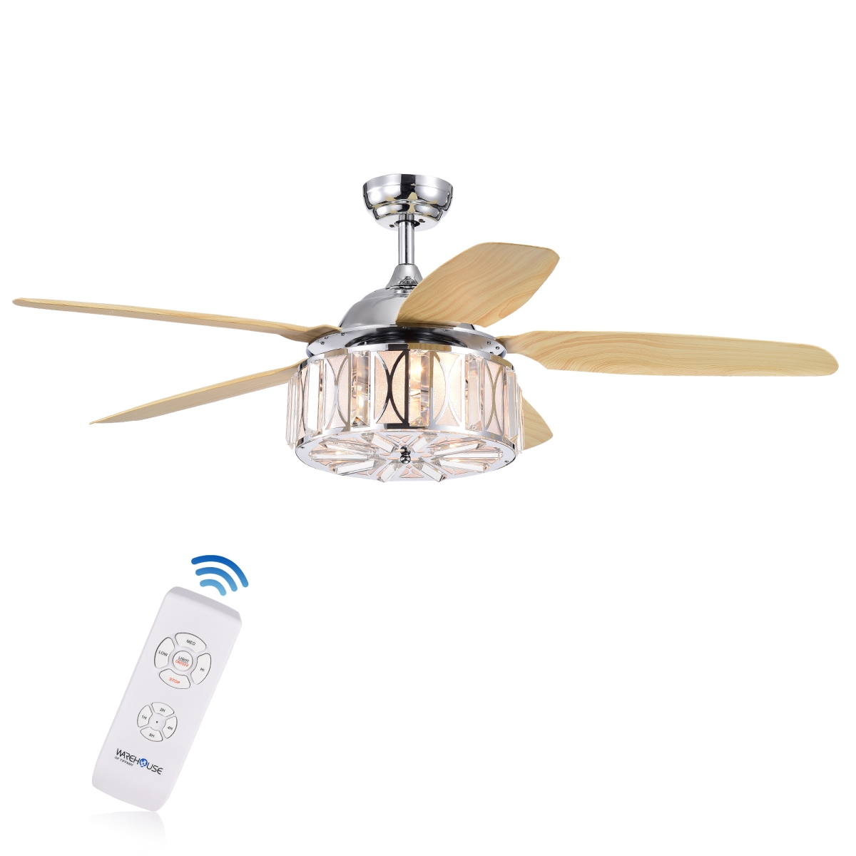 Cfl-8360remo-ch 52 In. Sekspil 5-blade Lighted Ceiling Fan With Glass Drum Shade