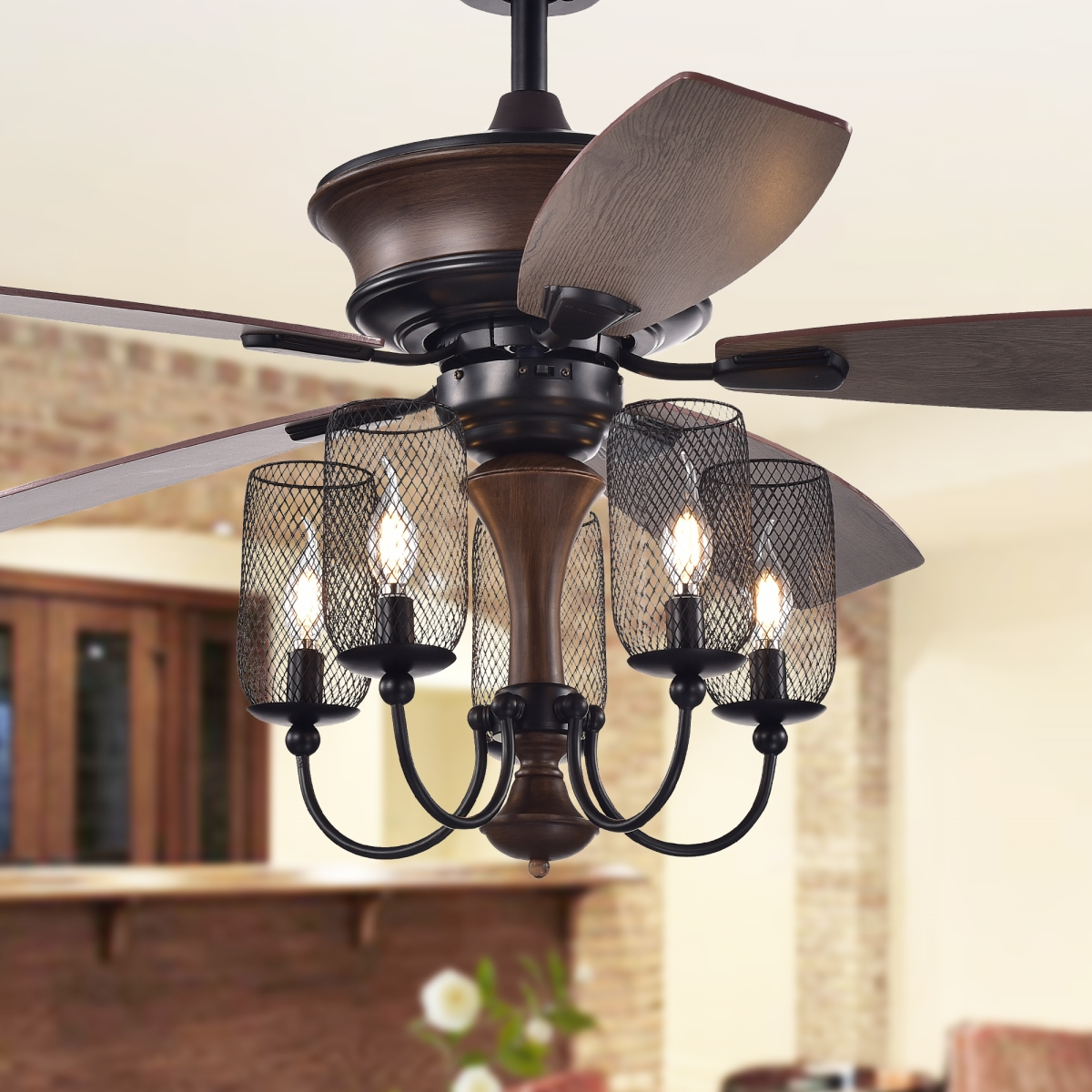 Cfl-8412remo-iw 52 In. Slatin 5-light Lighted Ceiling Fan With Mesh Shade Candelabra Chandelier, Faux Wood & Black