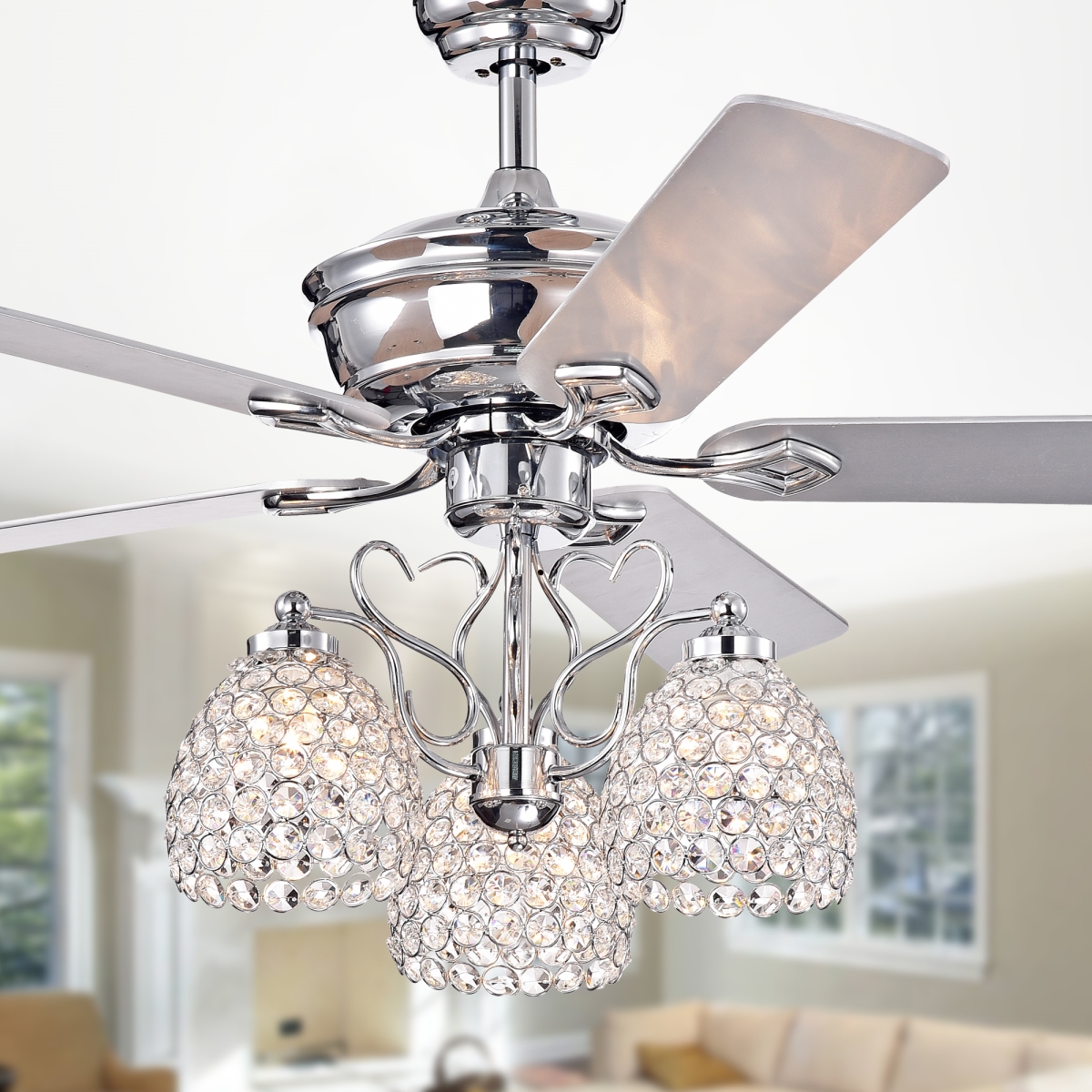 Cfl-8419remo-ch 52 In. Boffen 3-light Lighted Ceiling Fan With Crystal Cup Shades, Chrome