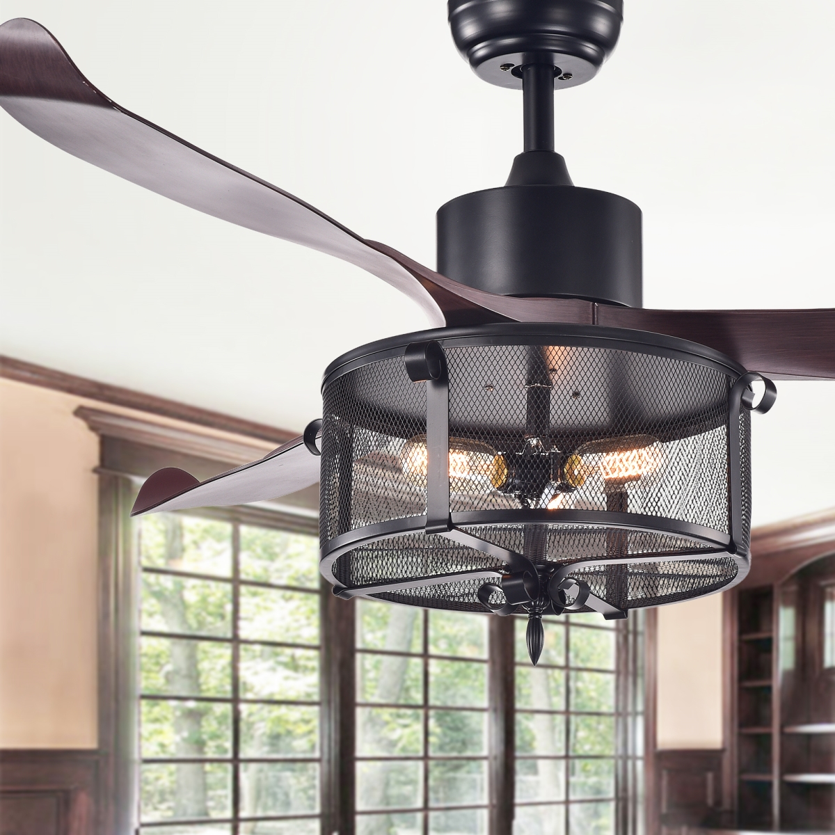 Cfl-8406remo-bl 55 In. Faegan Lighted Ceiling Fan With Caged 3-light Edison Lamp, Matte Black