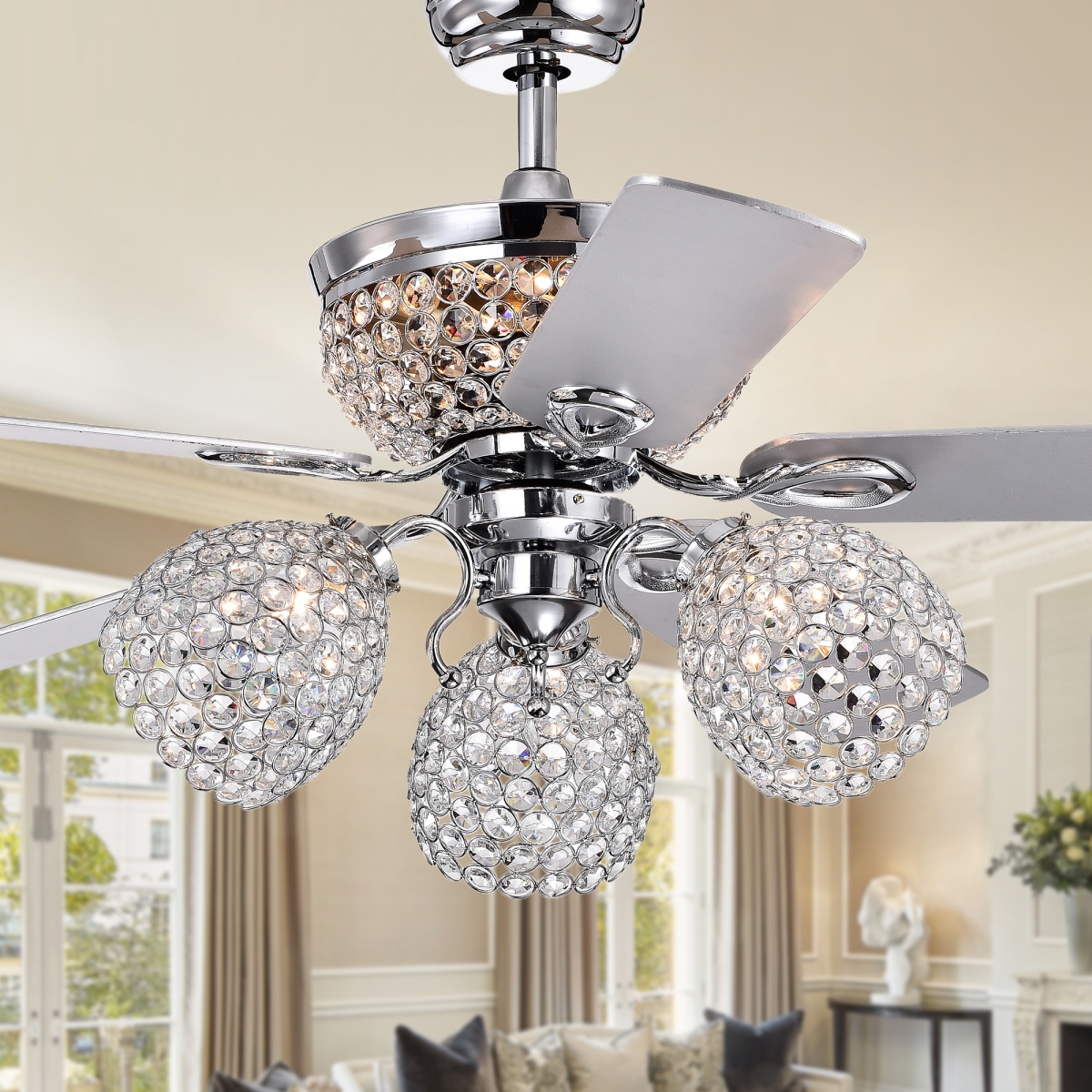 Cfl-8415remo-ch 52 In. Jasper 5-blade Lighted Ceiling Fan With Multiple Crystal Lamps, Silver
