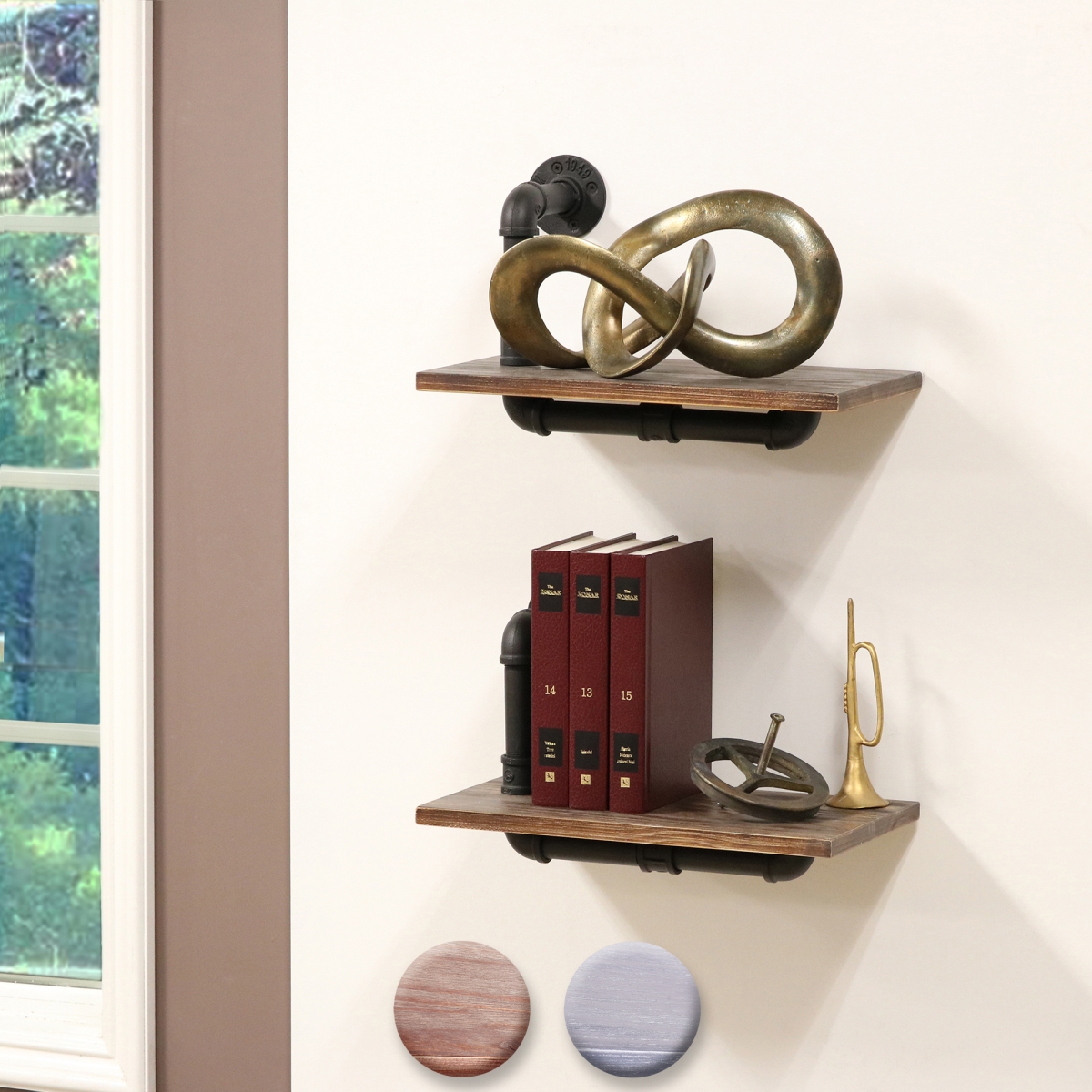 45-x2 Brown Dupliro Paired Weathered Wood & Black Pipe Wall Shelves, Brown