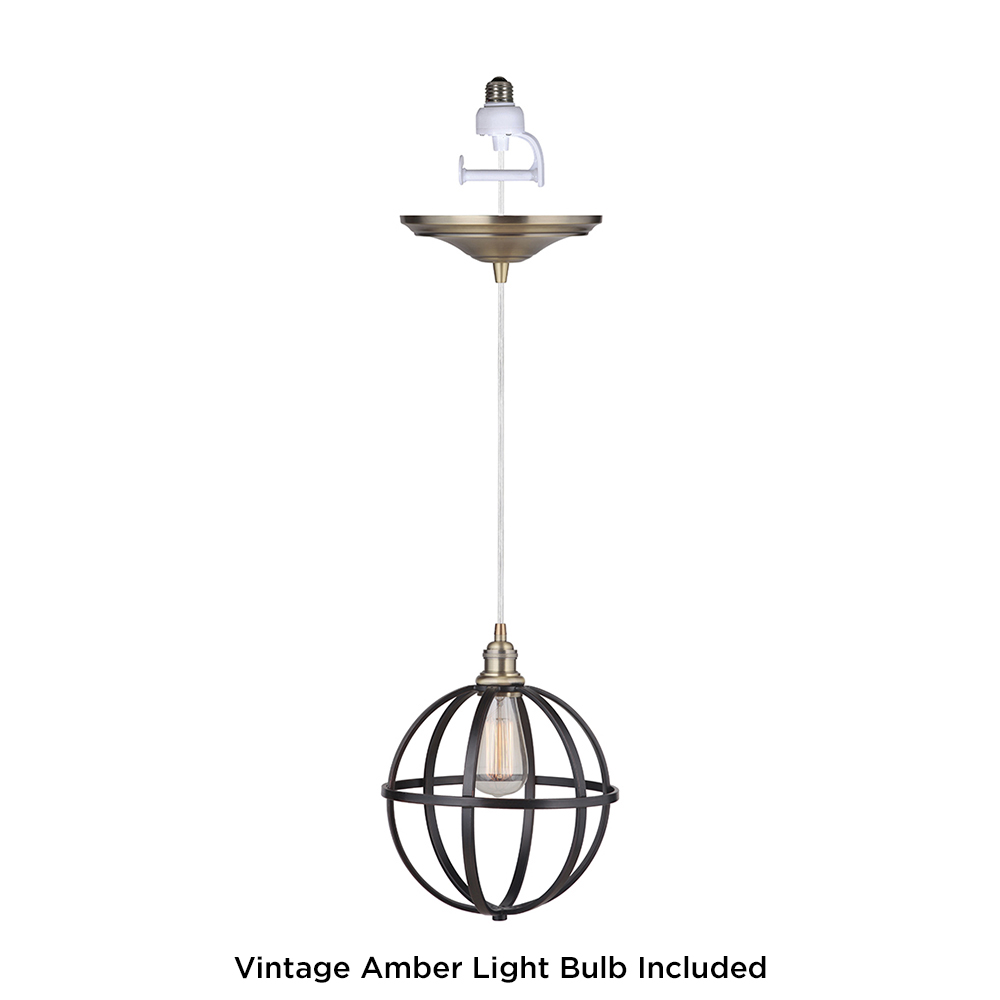 Pkn-4034-8303-b Instant Pendant Recessed Light Conversion Kit - Brushed Brass & Brushed Bronze Globe Cage Shade With Vintage Bulb - 10 X 12 In.