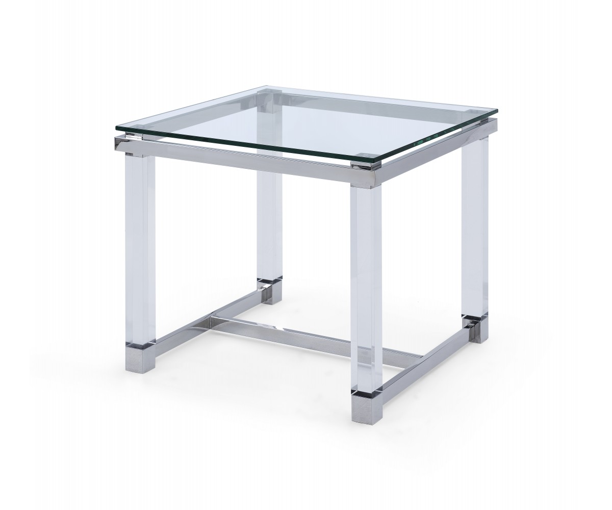 Whiteline Modern Living St1456 20 X 23 X 23 In. Brianna 10 Mm Tempered Clear Glass Top With Polished Stainless Steel Frame & Acrylic Legs Side Table