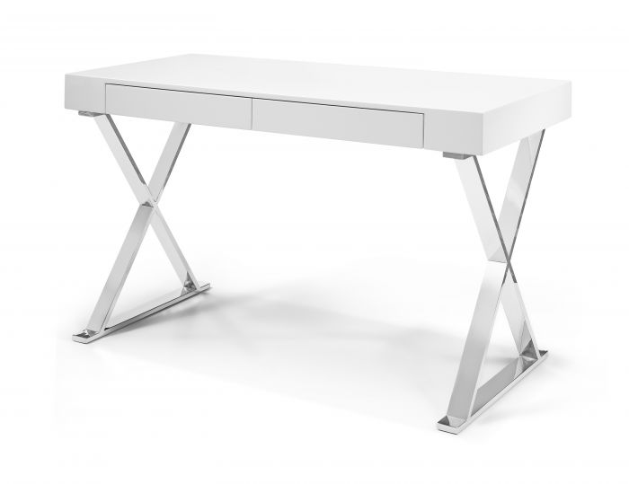Whiteline Modern Living Dk1205l-wht 29 X 47 X 22 In. Elm Large Desk With Two Drawers - High Gloss White, Stainless Steel Base