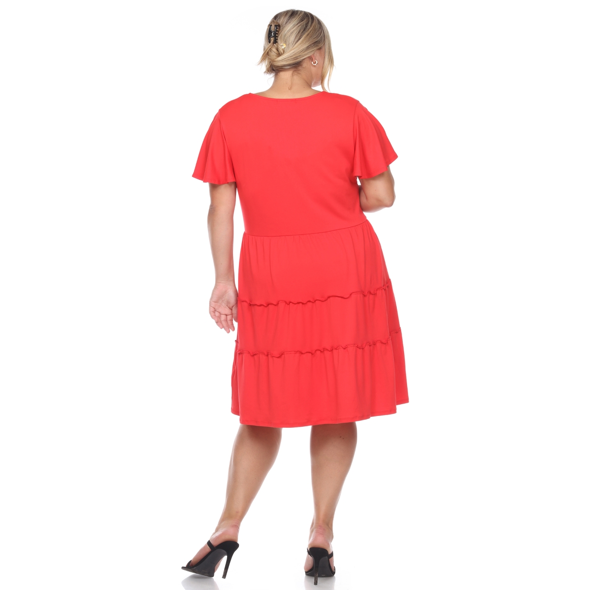 Picture of White Mark PS3880-04-1X Plus Size Short Sleeve V-Neck Tiered Midi Dress&#44; Red - 1X