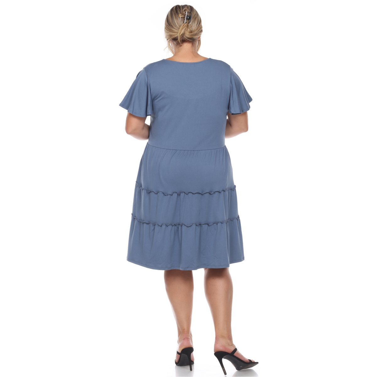 Picture of White Mark PS3880-05-2X Plus Size Short Sleeve V-Neck Tiered Midi Dress&#44; Blue - 2X