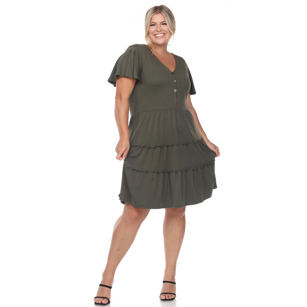 Picture of White Mark PS3880-06-1X Plus Size Short Sleeve V-Neck Tiered Midi Dress, Olive - 1X