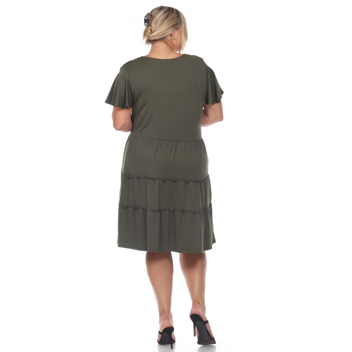 Picture of White Mark PS3880-06-1X Plus Size Short Sleeve V-Neck Tiered Midi Dress, Olive - 1X