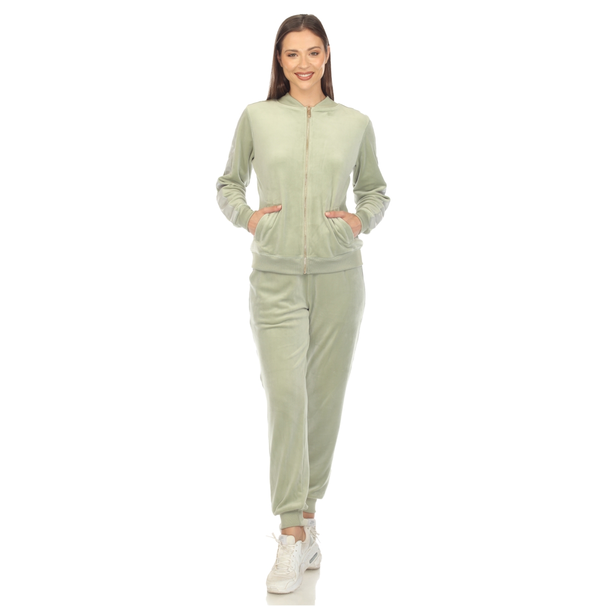 UPC 754193172838 product image for 2328-23-M Womens Velour Tracksuit Set with Faux Leather Stripe, Sage - Mediu | upcitemdb.com