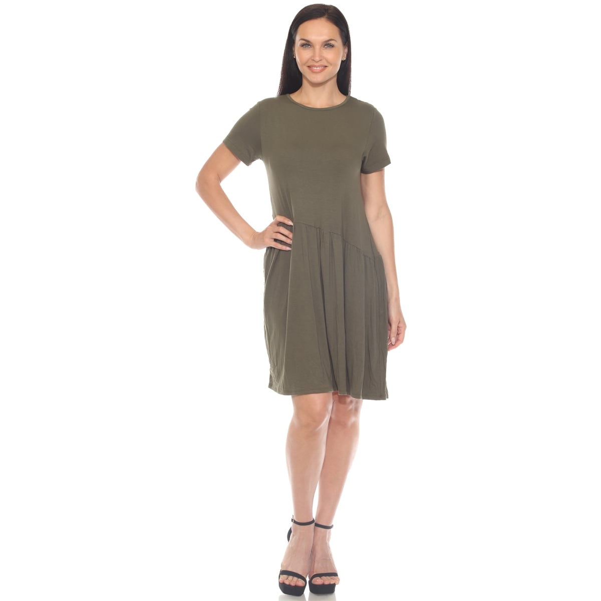 897C-06-M Womens Asymmetrical Waist & Short Sleeve Swing Dress - Olive - Medium