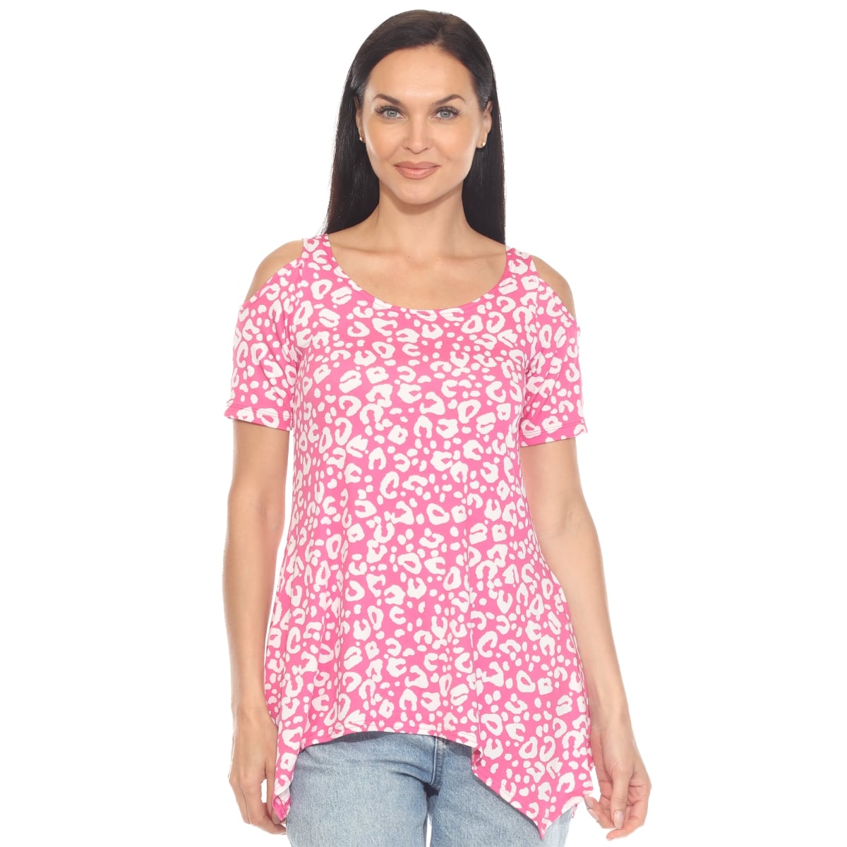 1305C-300-S Womens Cold Shoulder Leopard Print Short Sleeve Tunic Top - Pink - Small