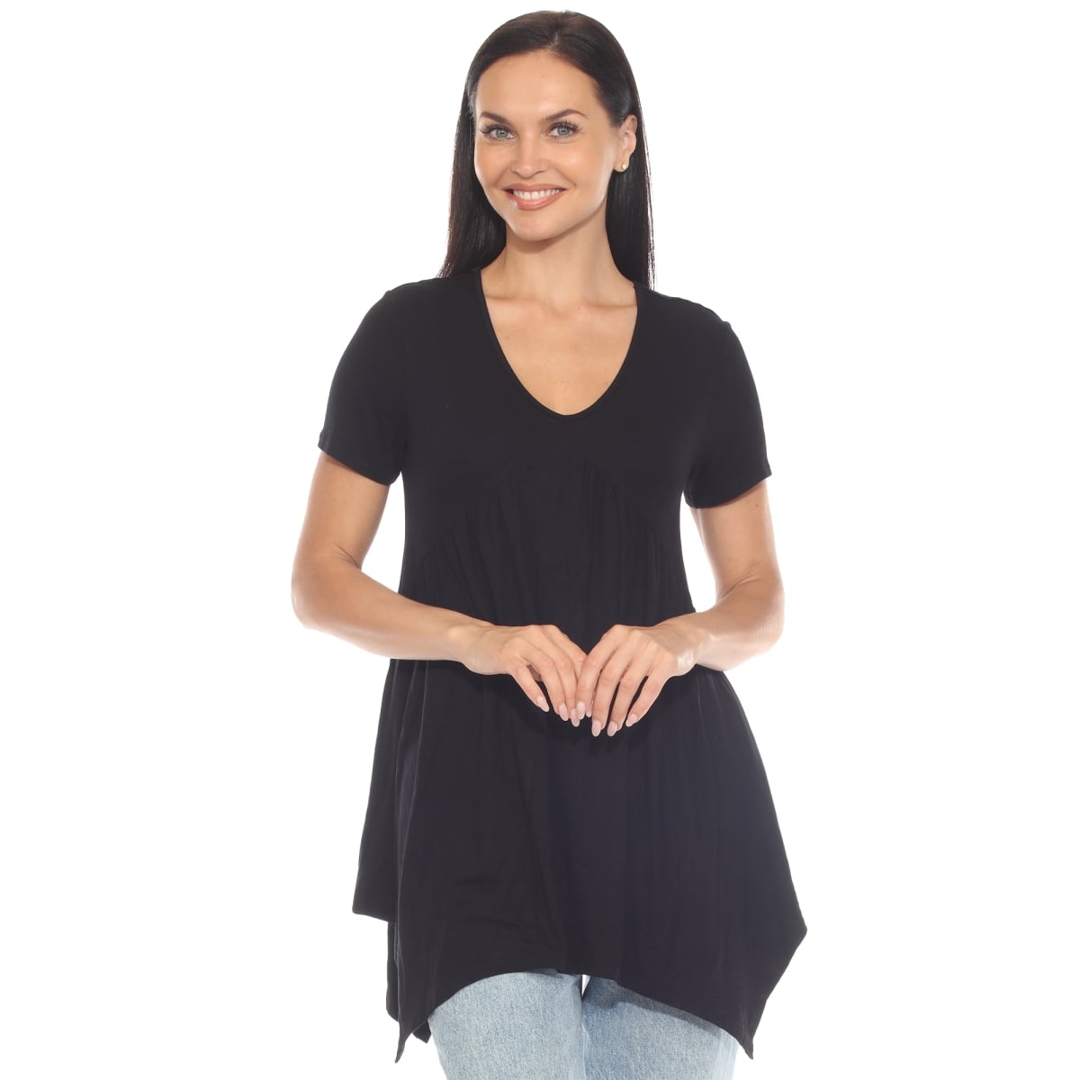 1386C-01-M Womens Short Sleeve Shirred Front Knit Tunic Top with Pockets - Black - Medium
