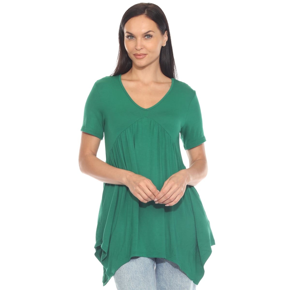 1386C-15-M Womens Short Sleeve Shirred Front Knit Tunic Top with Pockets - Green - Medium