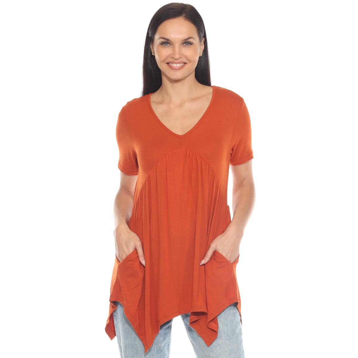 1386C-11-L Womens Short Sleeve Shirred Front Knit Tunic Top with Pockets - Cinnamon - Large
