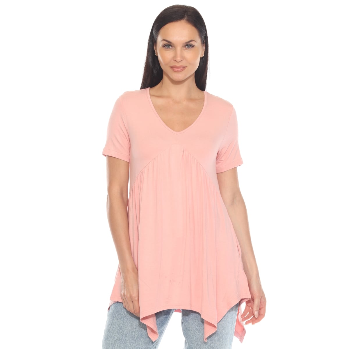 1386C-18-M Womens Short Sleeve Shirred Front Knit Tunic Top with Pockets - Rose - Medium