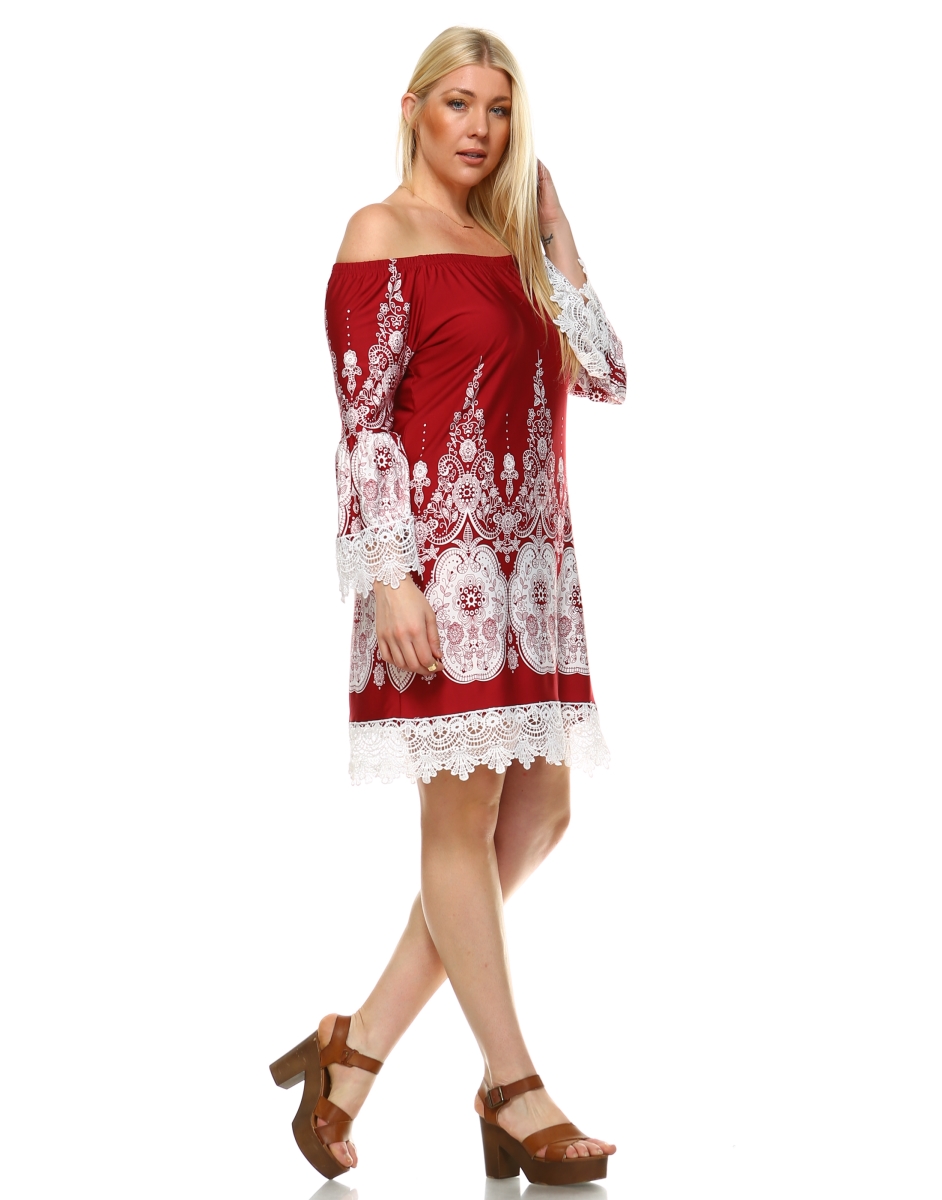 Ps803-42-2xl Womens Plus Size Off-shoulder Mya Dress, Burgundy & White - 2xl