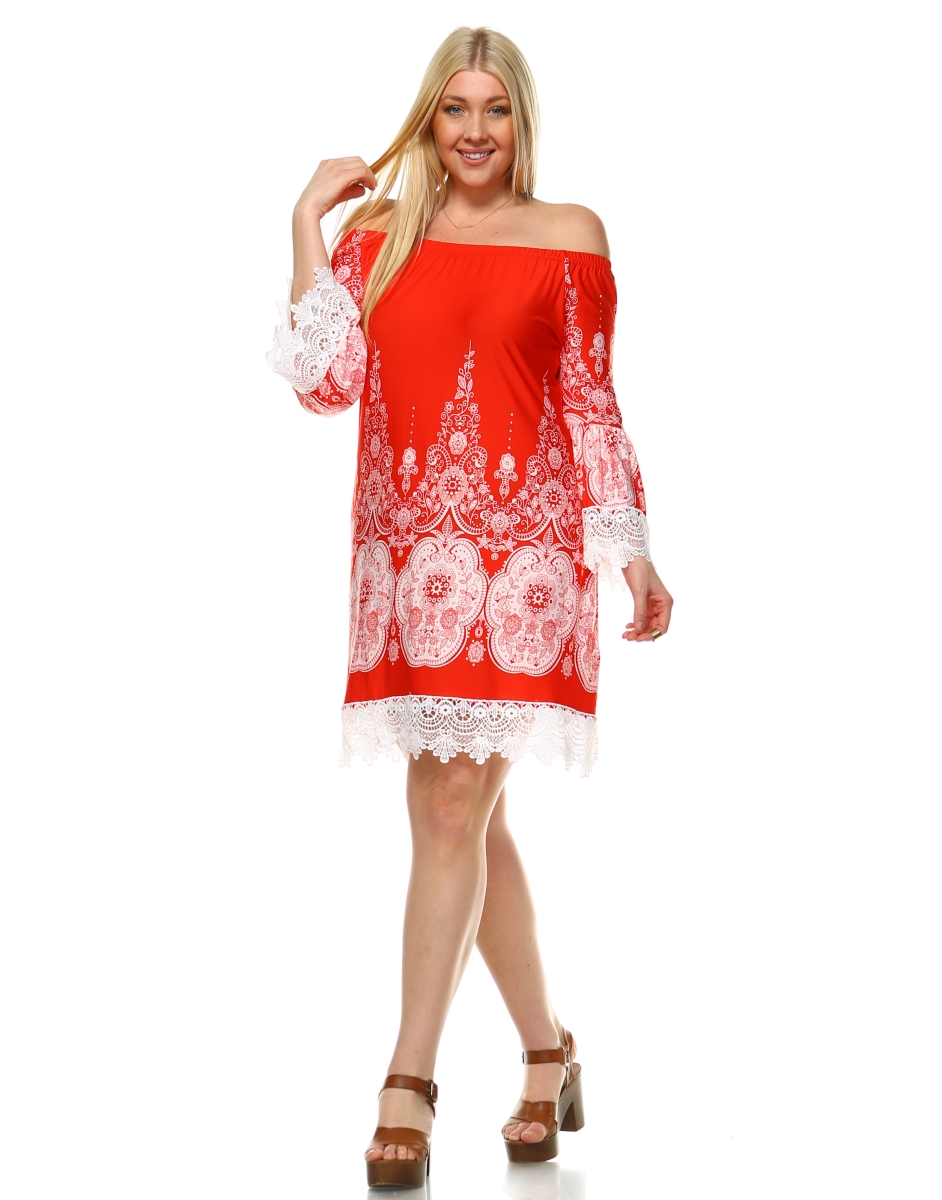 Ps803-44-2xl Womens Plus Size Off-shoulder Mya Dress, Red & White - 2xl