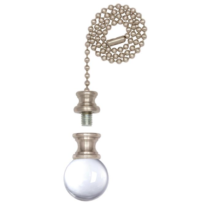 1000000 Clear Glass Sphere Finial & 12 In. Beaded Pull Chain - Brushed Nickel Finish