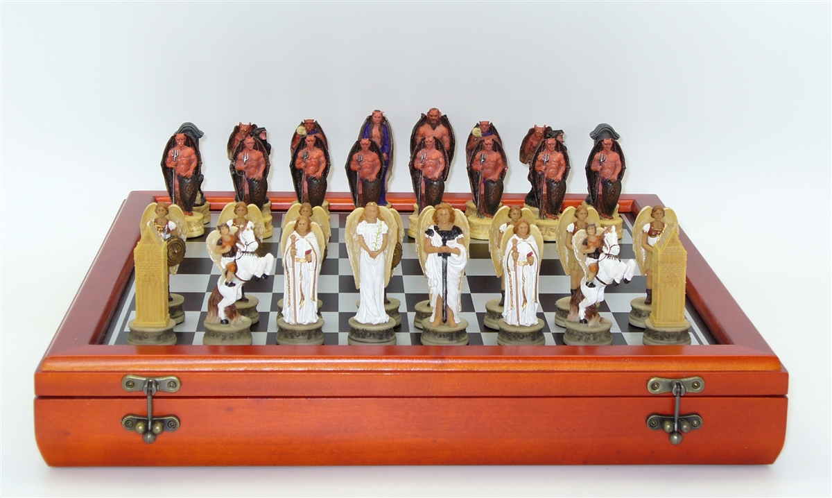 R71568-cct 3.25 In. King Angels & Devils Resin Chessmen On Cherry Stained Chest - 1.5 In. Square