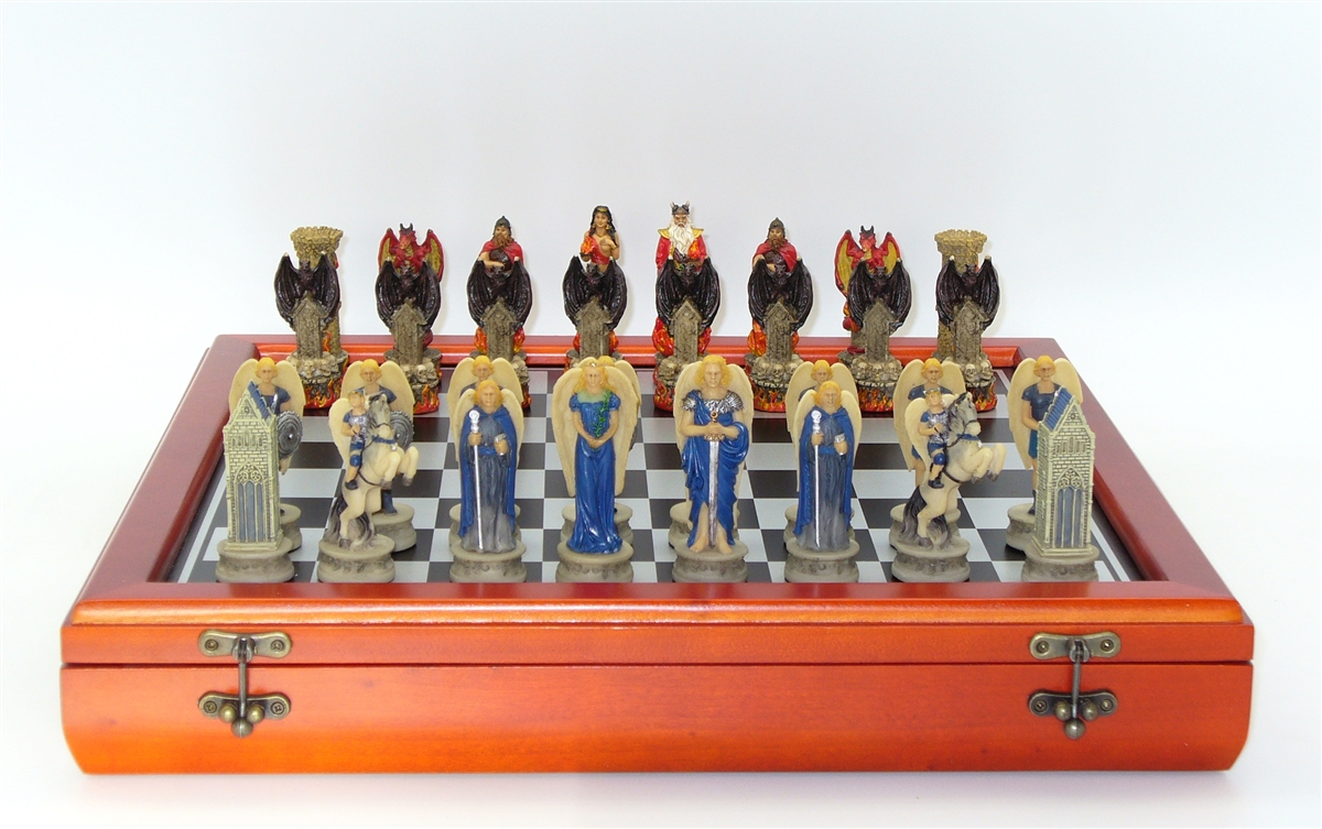 R71569-cct 3.25 In. King Fire Devils & Angels Resin Chessmen On Cherry Stained Chest - 1.5 In. Square