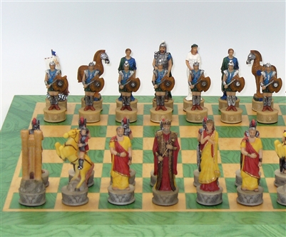 R72048-gt 3.25 In. King Sparta Vs Troy Chessmen On Green & Tan Wood Chess Board - 1.5 In. Square Spain