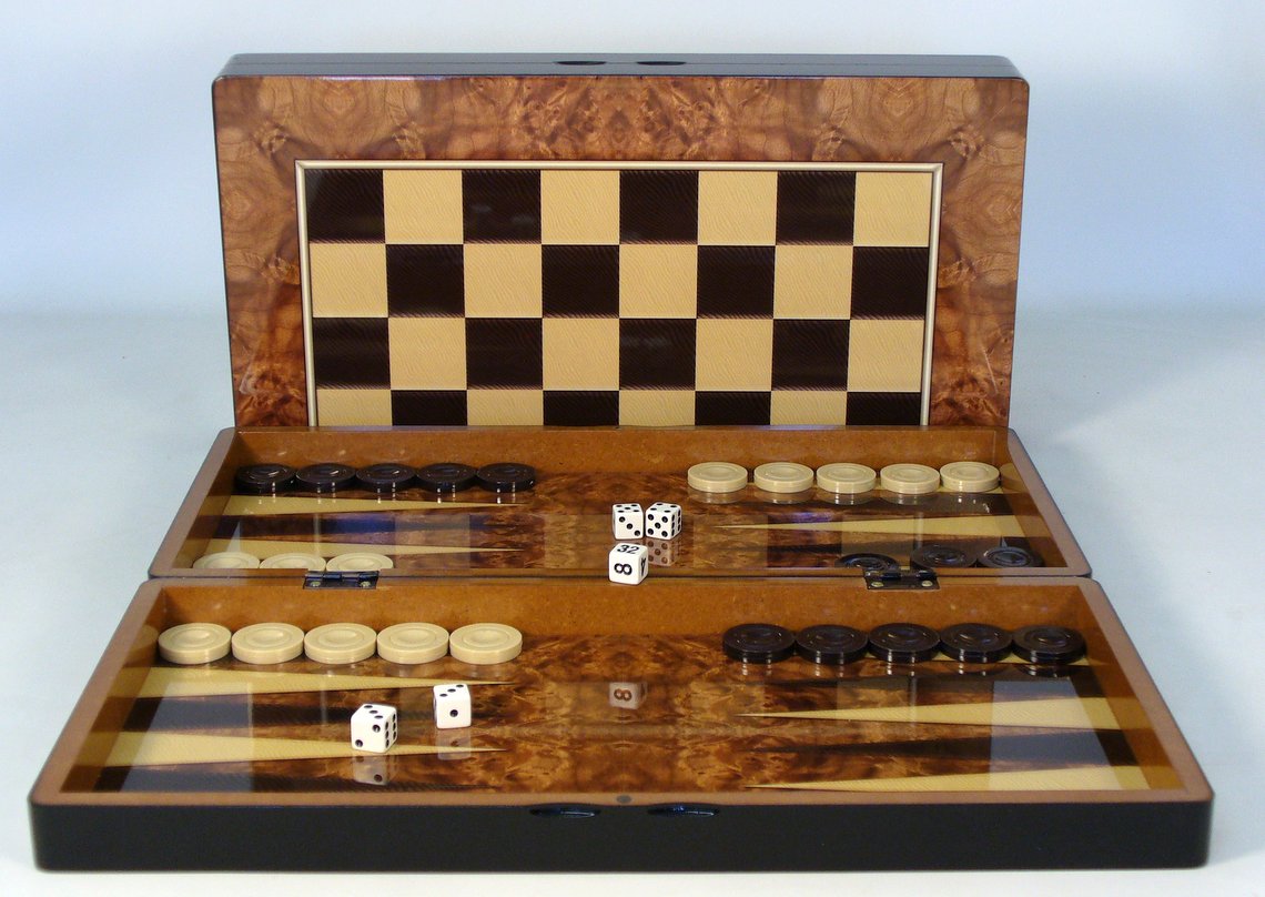 26271a Burlwood Design Folding Backgammon Set With Chess Board
