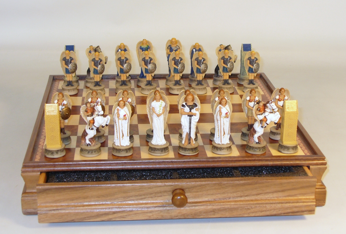 R73868-wm Blue & White Angel Resin Chessmen On Wood Inlaid Chest Board