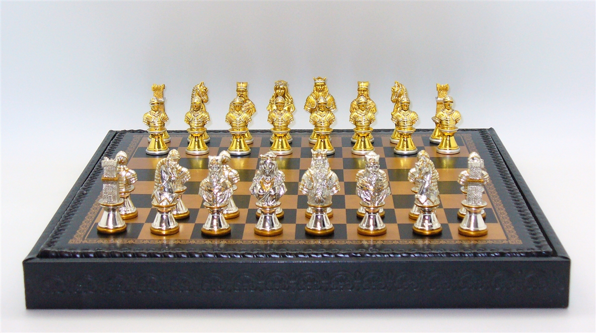 Za9074-gn Camelot Solid Zinc Men Faux Leather Chess Board, Black & Gold