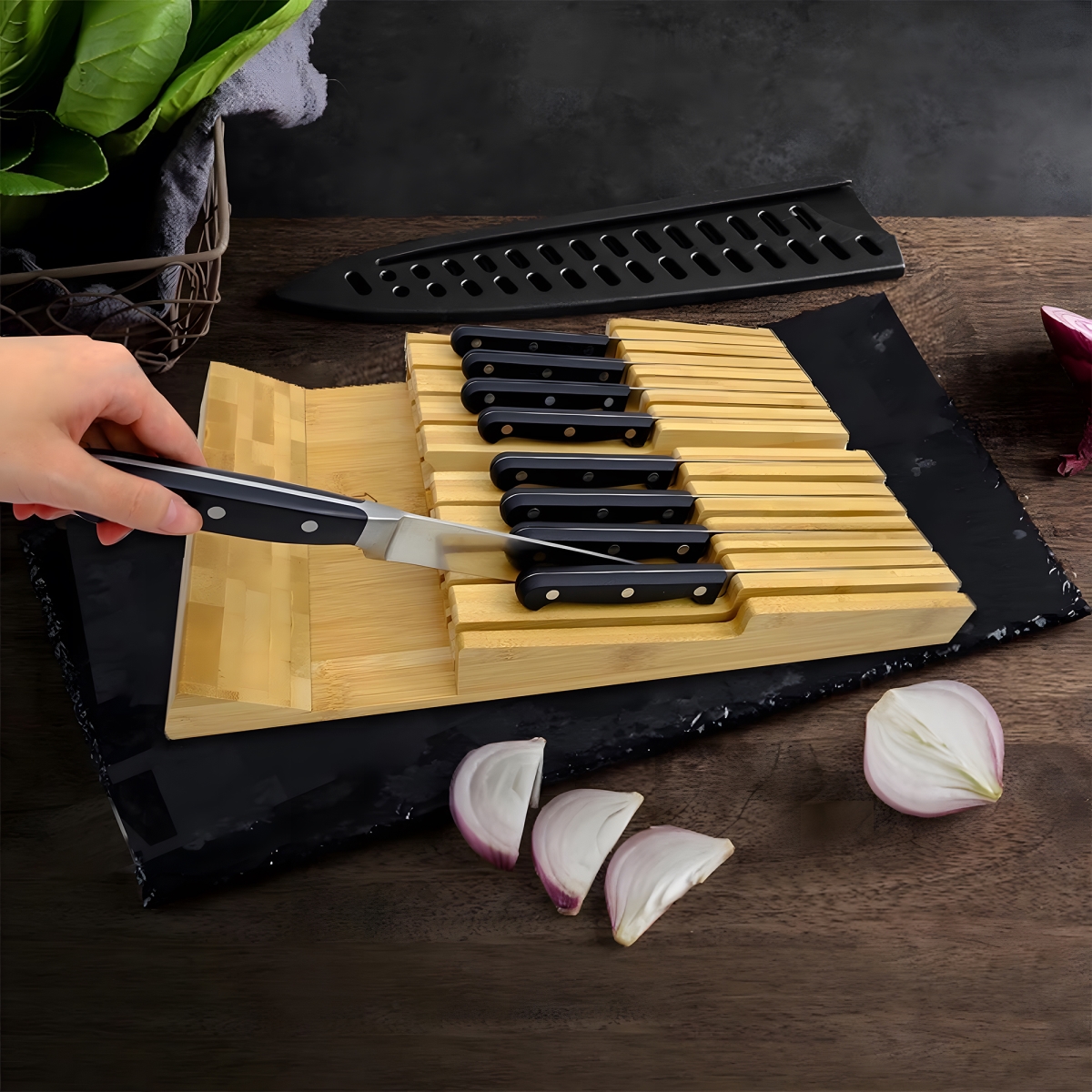 Picture of WOWMTN 48XH WOWMTN In-Drawer Bamboo Knife Block Organizer with Sharpener