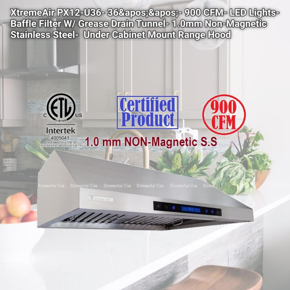 Picture of XtremeAir PX12-U36- 36''- 900 CFM- LED Lights- Baffle Filter W/ Grease Drain Tunnel- 1.0mm Non-Magnetic Stainless Steel-  Under Cabinet Mount Range Hood