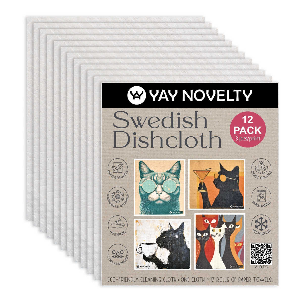Picture of Yay Novelty 3707 Eco Friendly Swedish Dishcloth for Kitchen, Cool Cat - Pack of 12