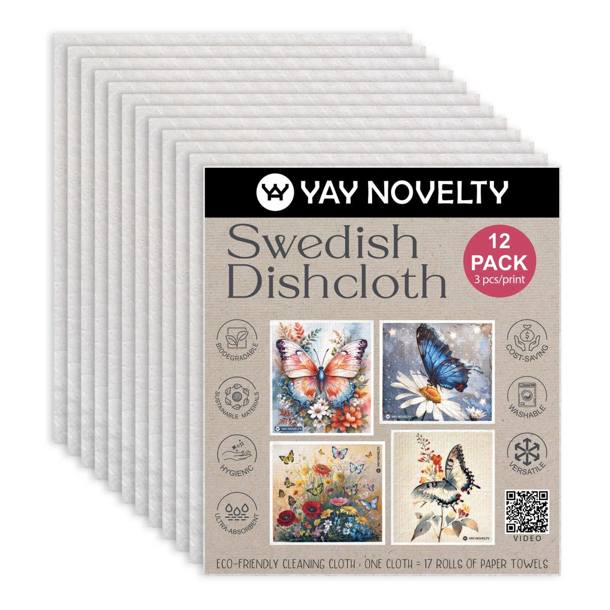 Picture of Yay Novelty 3708 Eco Friendly Swedish Dishcloth for Kitchen, Butterfly - Pack of 12